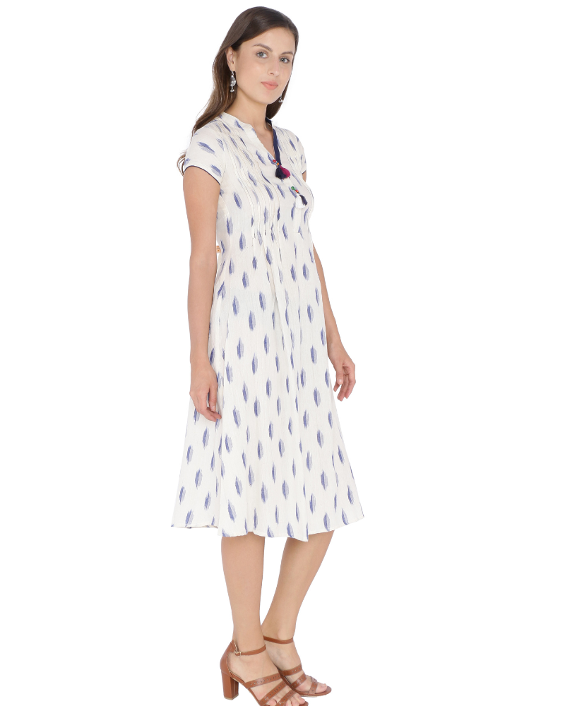 WHITE & BLUE A LINE IKAT DRESS