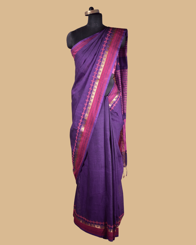 Purple Cotton Saree with Hand Embroidery