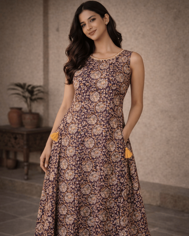 Buy Brown Floral Kalamkari Dress from Kritikala Buy Brown Floral Kalamkari Dress from Kritikala