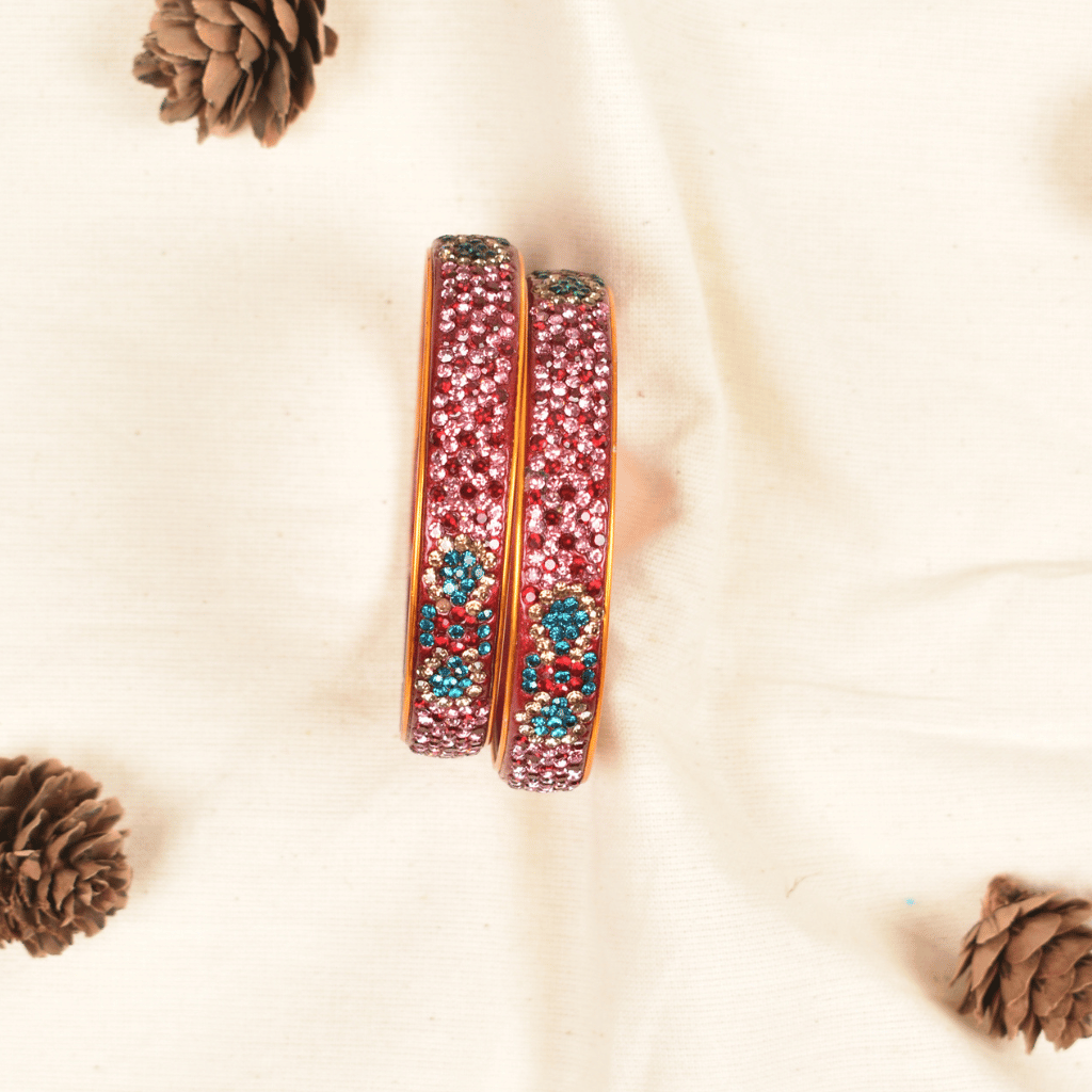 Pair of maroon & pink 5 line stoned lac bangles - glittery stones