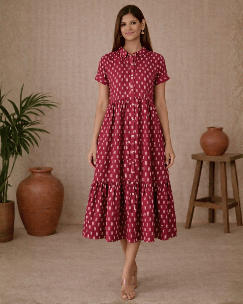 Maroon Ikat Cotton Calf-Length Dress with Shirt Collar - FRONT
