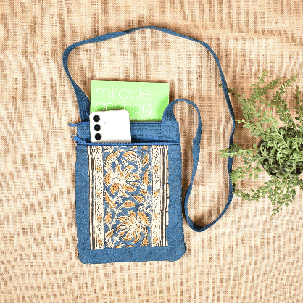 Blue kalamkari cotton sling bag cum phone pouch - zip pockets