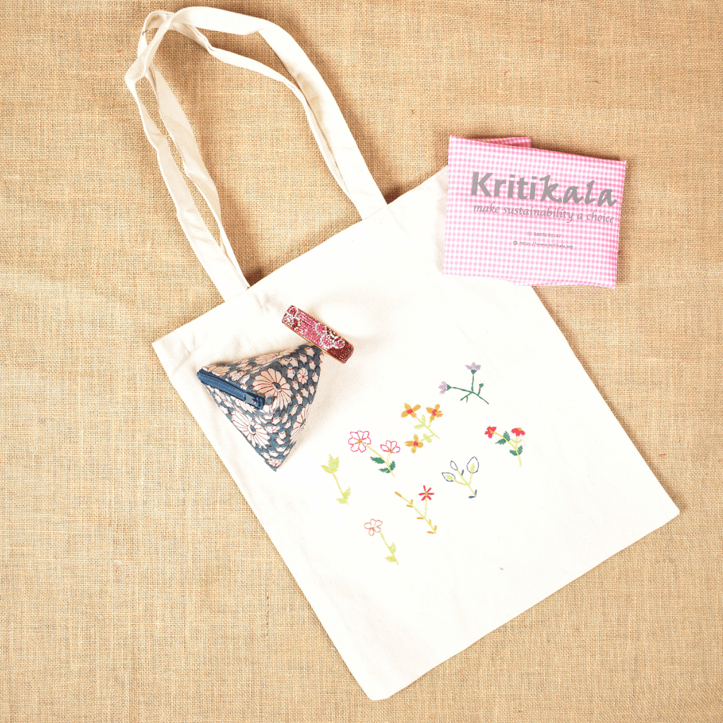 Raksha Bandhan Gift Combo for Sister – Embroidery Tote, Samosa Pouch & Lac Bangle Kada