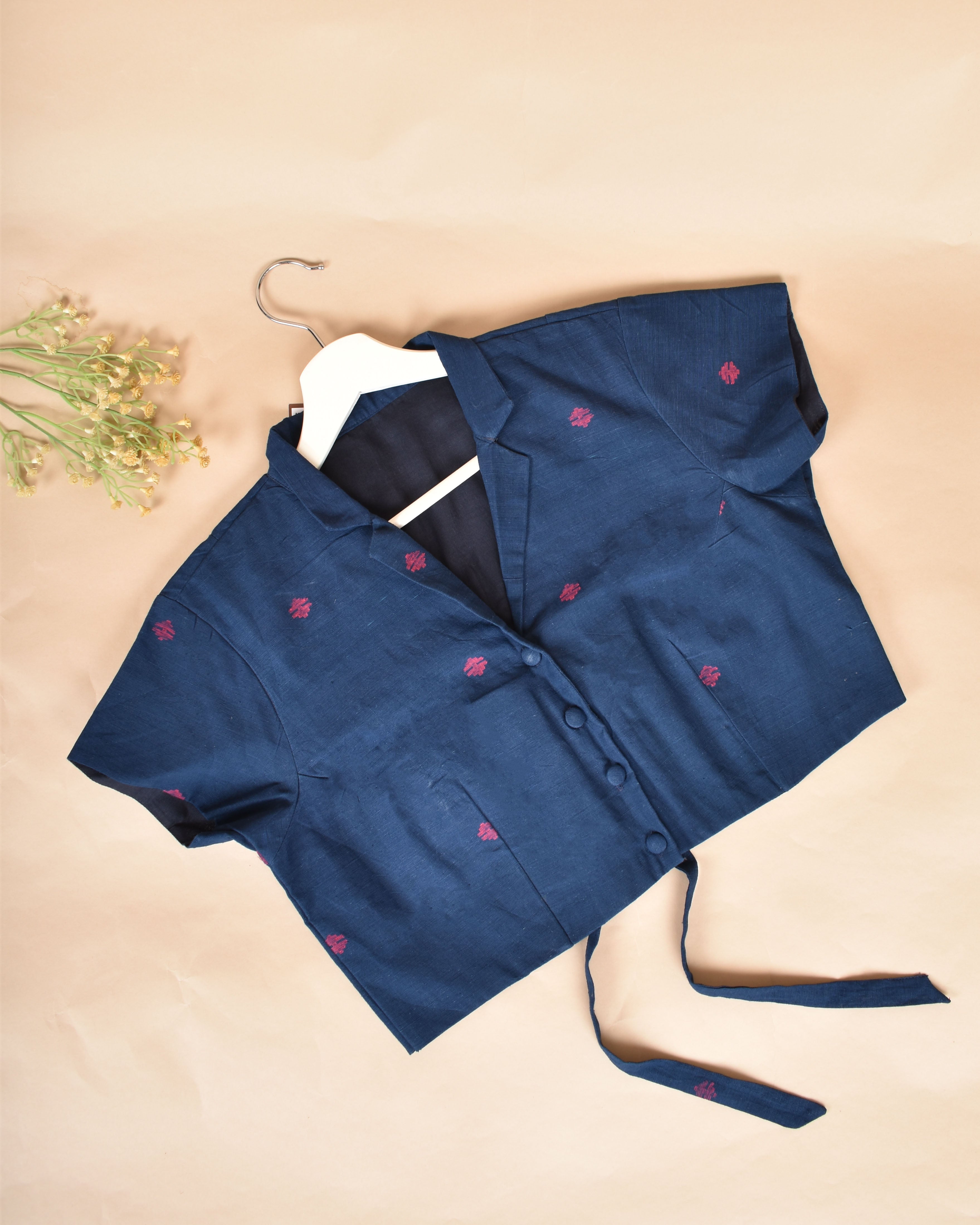 Dark Blue Handloom Blouse With Back Ties