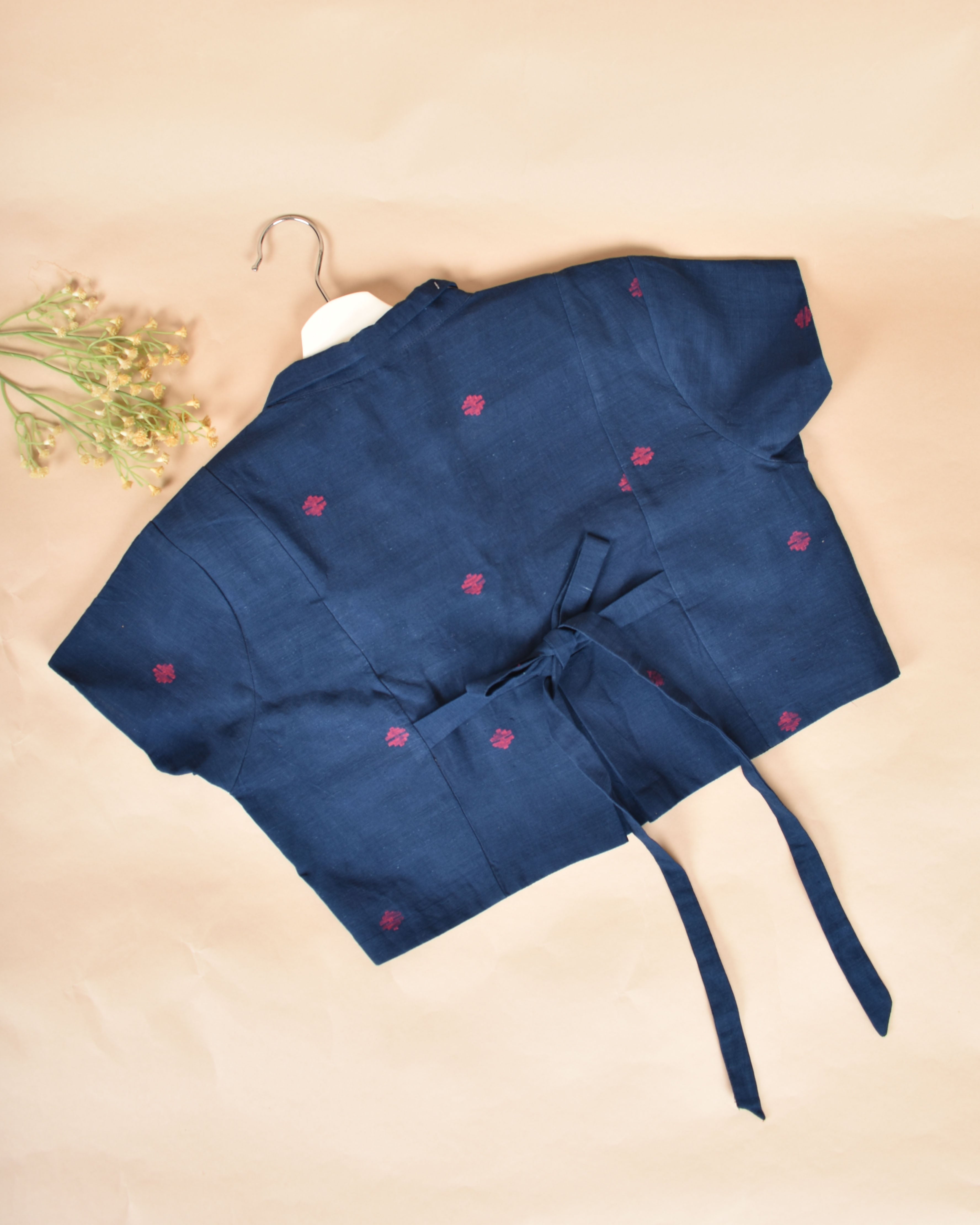 Dark Blue Handloom Blouse With Back Ties