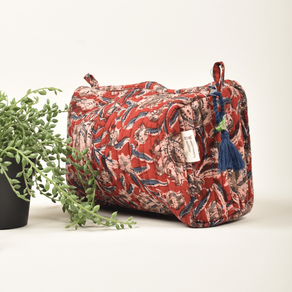 Red kalamkari travel pouch - side