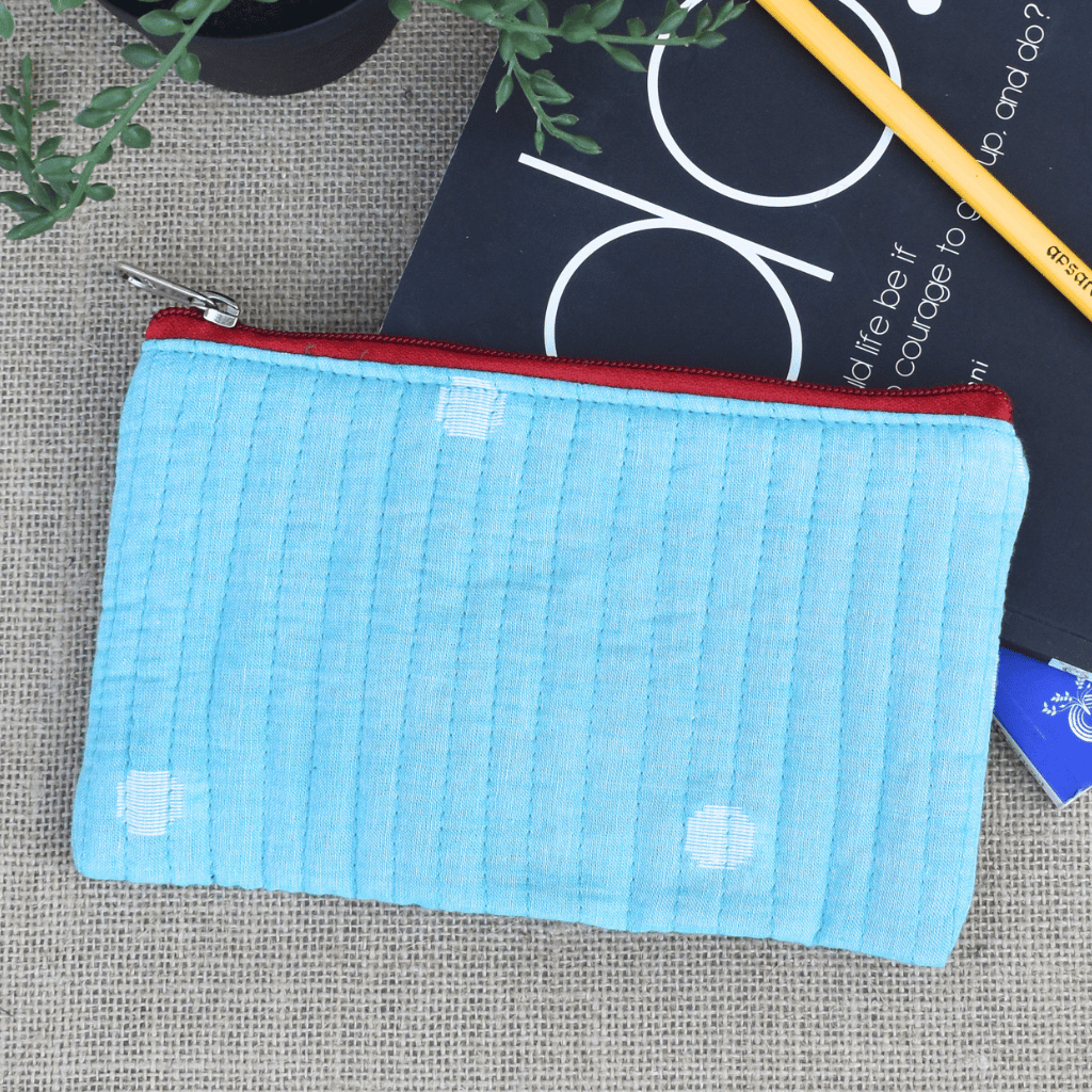 Light blue hand embroidered pouch - back