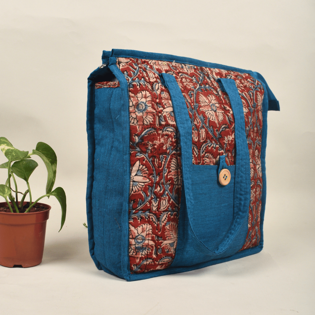 Blue Kalamkari Quilted Tote Bag - side