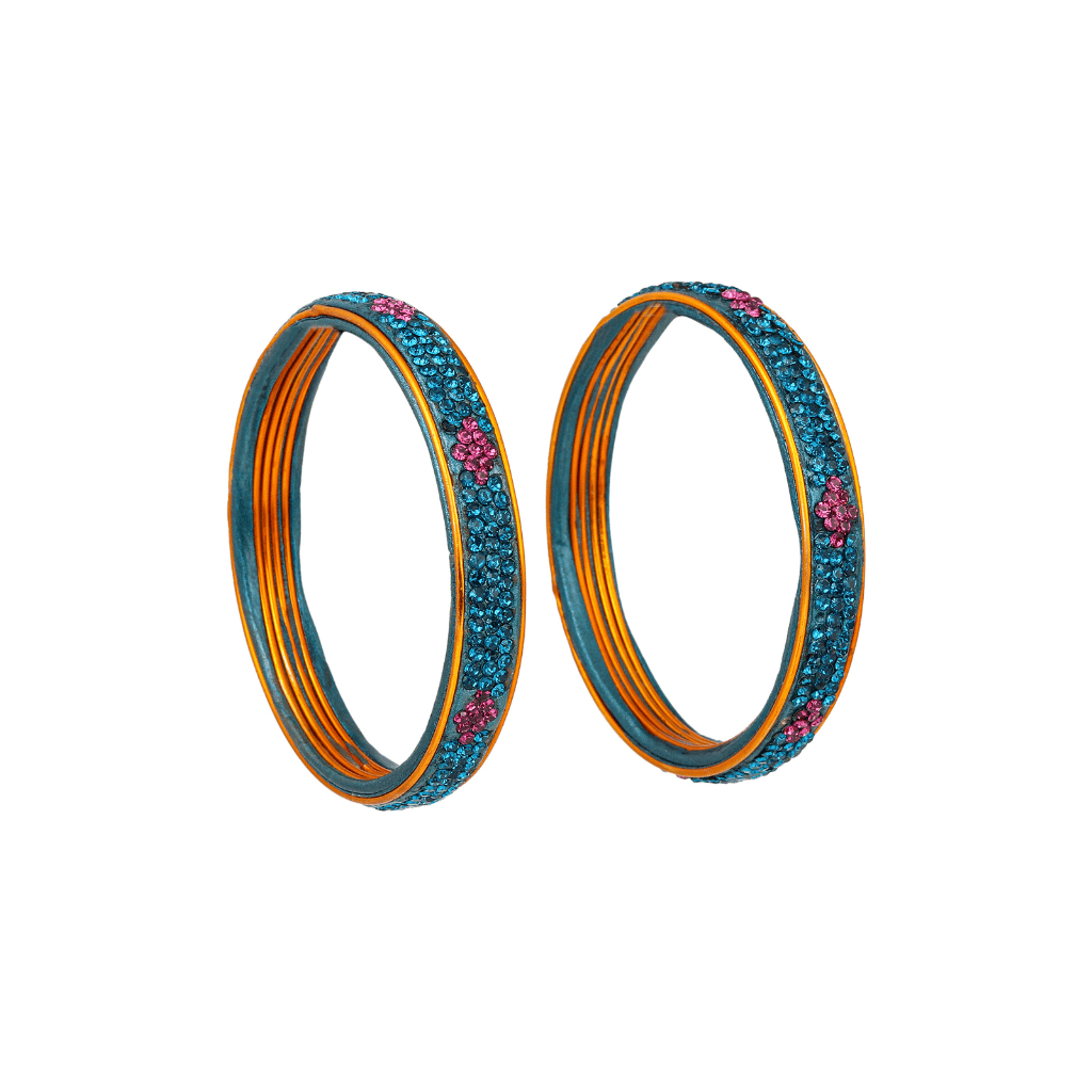 Pair of lac bangles in blue and pink stones - women