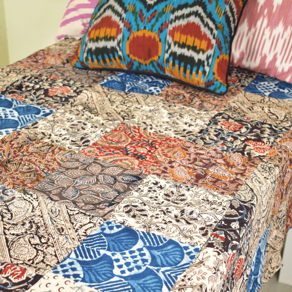 Kalamkari patchwork double bedcover in black
