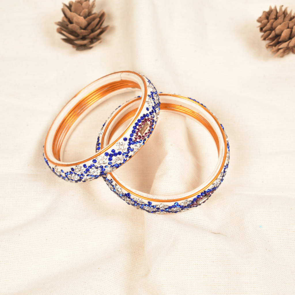 Pair of blue & white 5 line stoned lac bangles