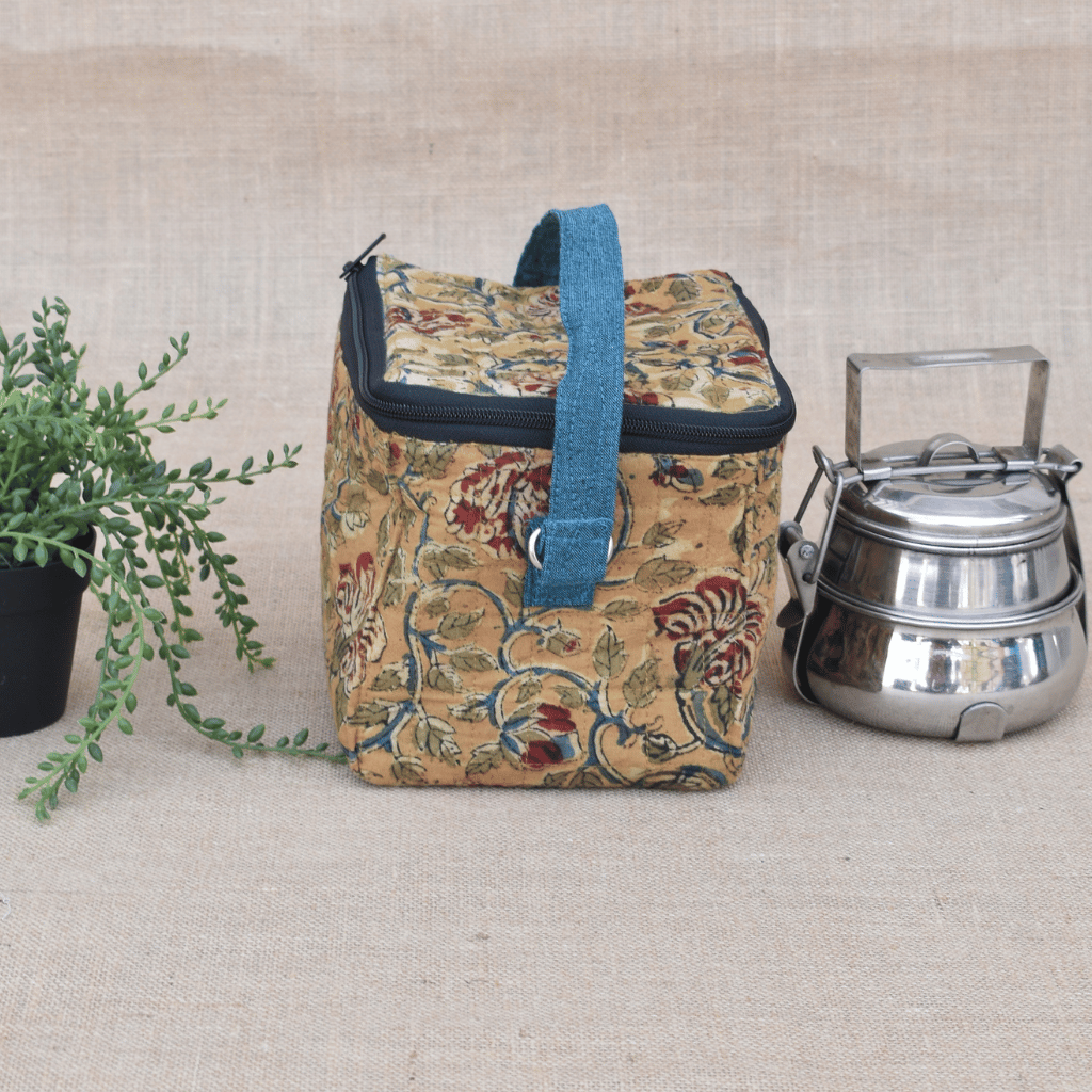 Green kalamkari lunch cum picnic bag - side