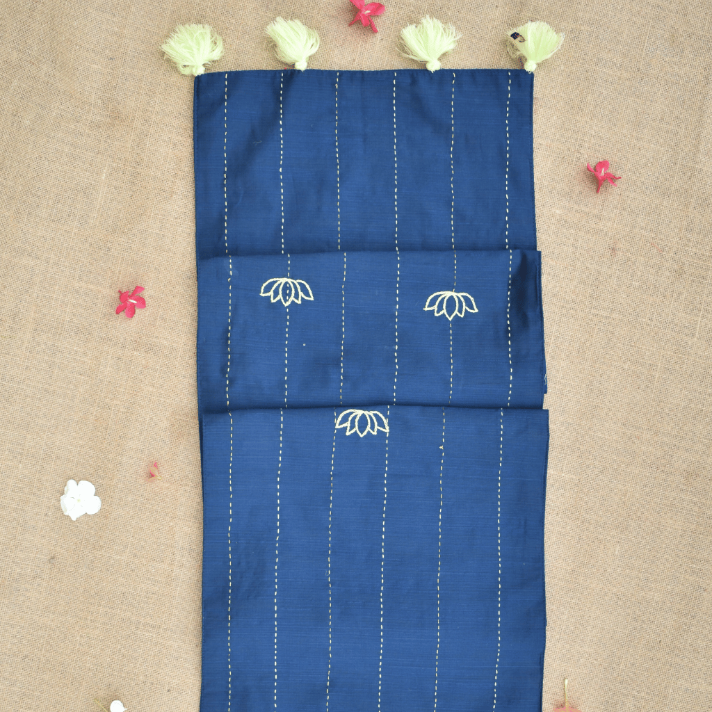 Blue Silk lotus pool embroidery festive table runner - tassels
