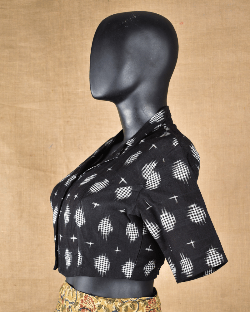 Black Ikat Cotton Blouse with Collared Neck - side