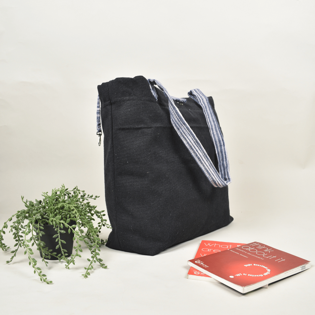 Black Canvas Bag with Blue Ikat Handle - side