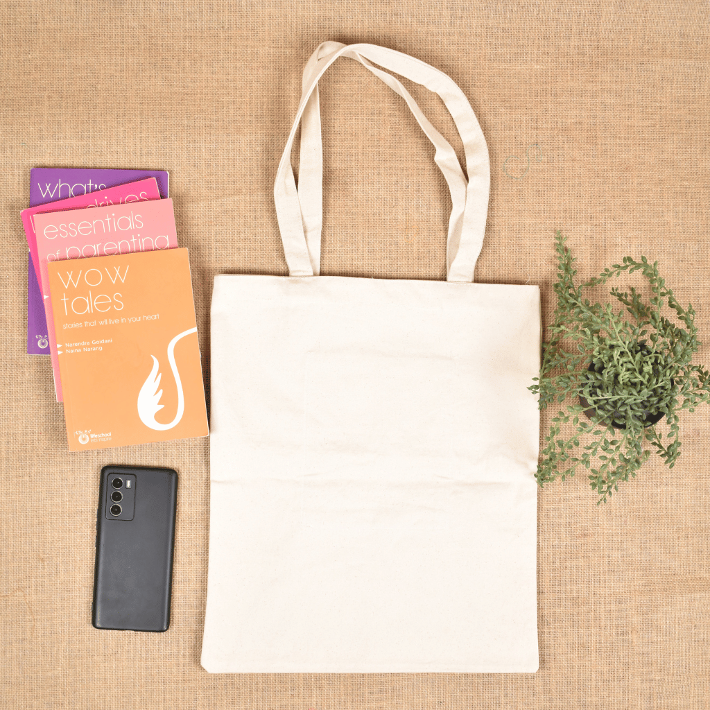 White Canvas Tote Bag with Embroidered Face & Flower Design - back