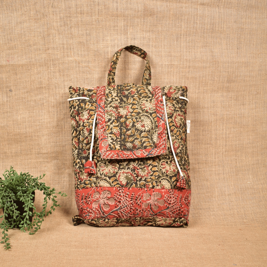 Quilted Green Kalamkari Backpack Bag - handle