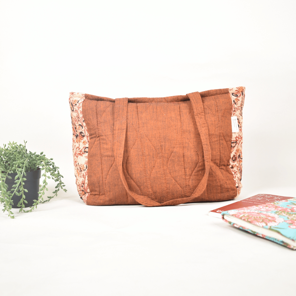Quilted Rust Kalamkari Purse Bag With Pockets - back