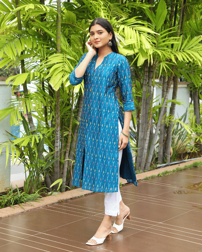 Blue Women’s Mercerized Ikat Straight Kurta