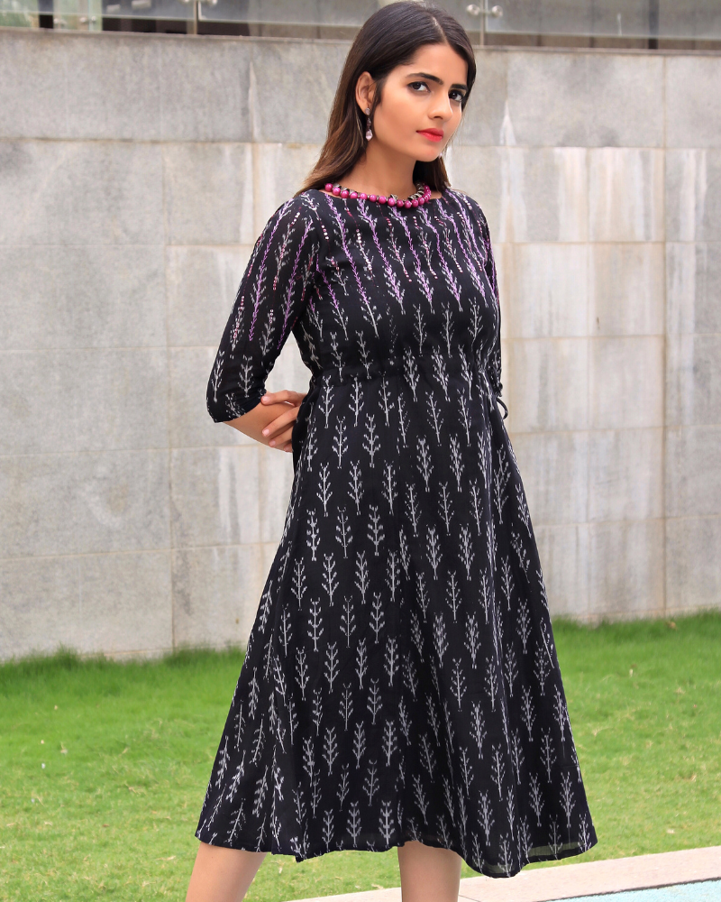 Black leaf ikat dress front view