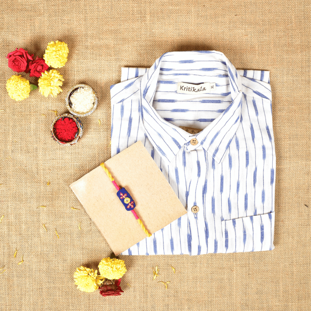 Raksha Bandhan Gift Combo – Handcrafted Blue Rakhi with Men's Handloom Cotton Shirt