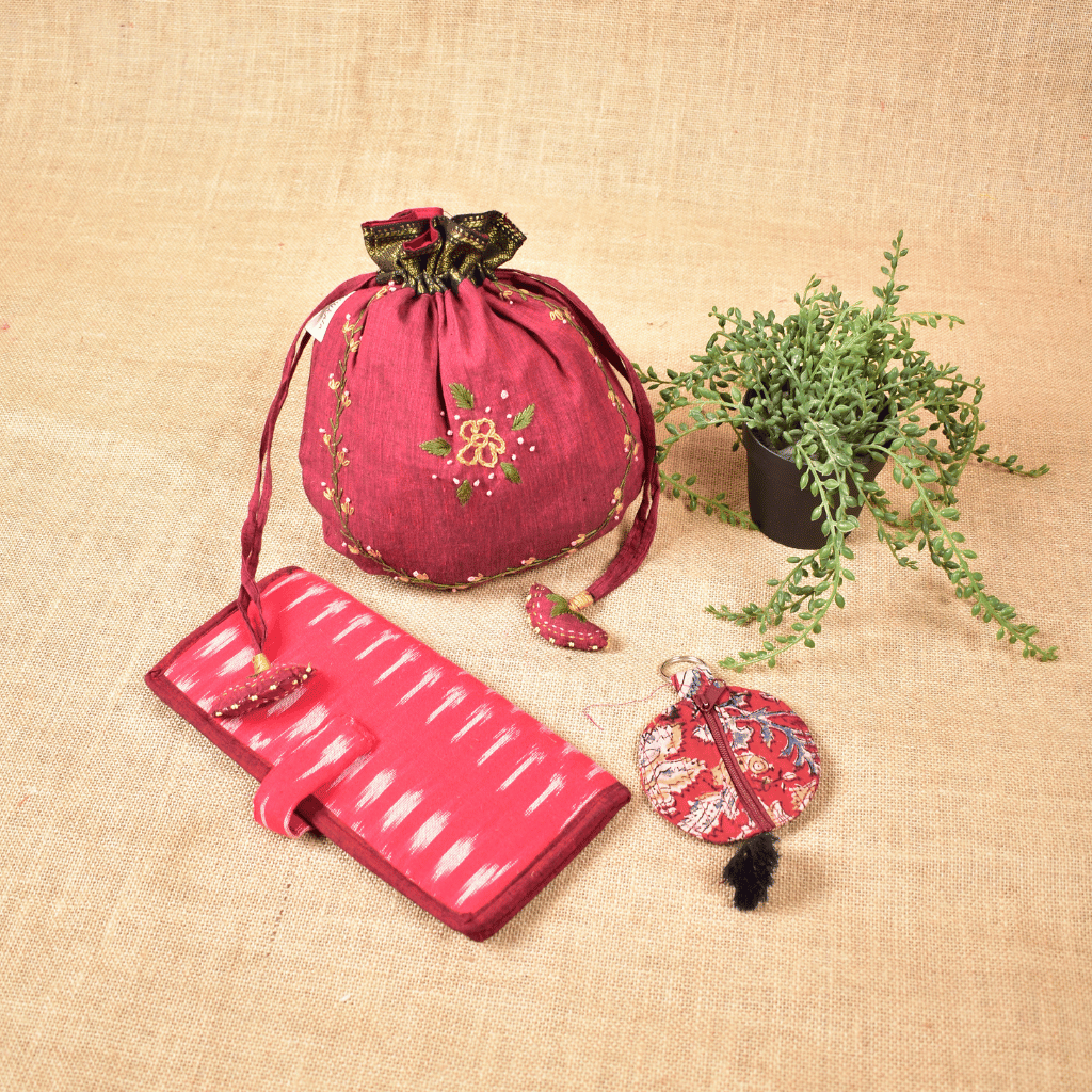 Raksha Bandhan Gift Combo for Sister – Feather Embroidery Potli, Ladies Wallet & Lip Balm Pouch