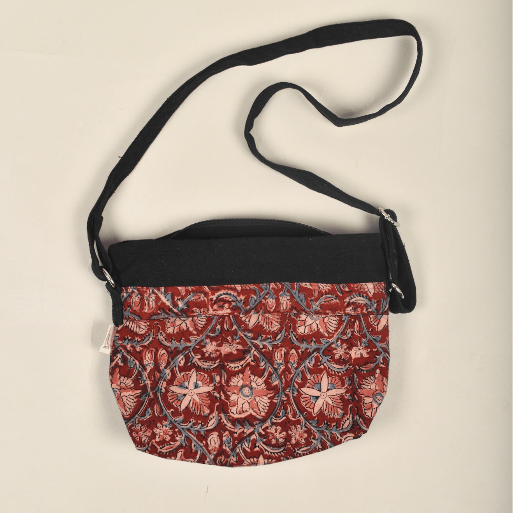 Red kalamkari & canvas multi pocket sling bag