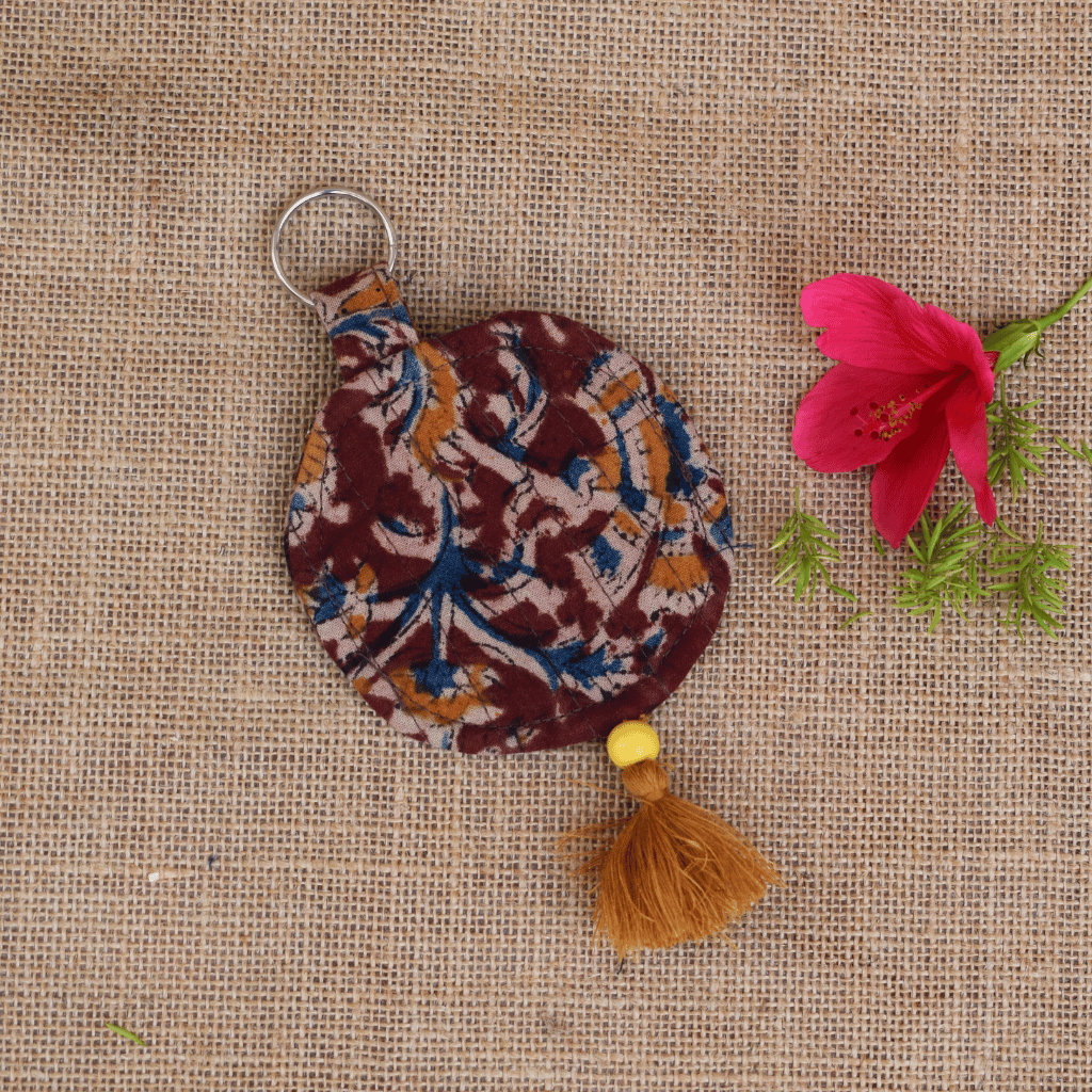 Maroon kalamkari Round Pouch – Lip Balm / Earbuds Holder