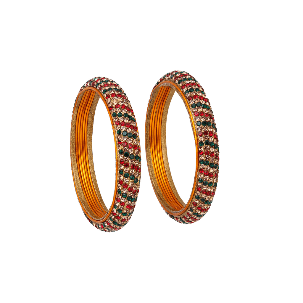 Pair of lac bangles in 5 line green and red tones - women