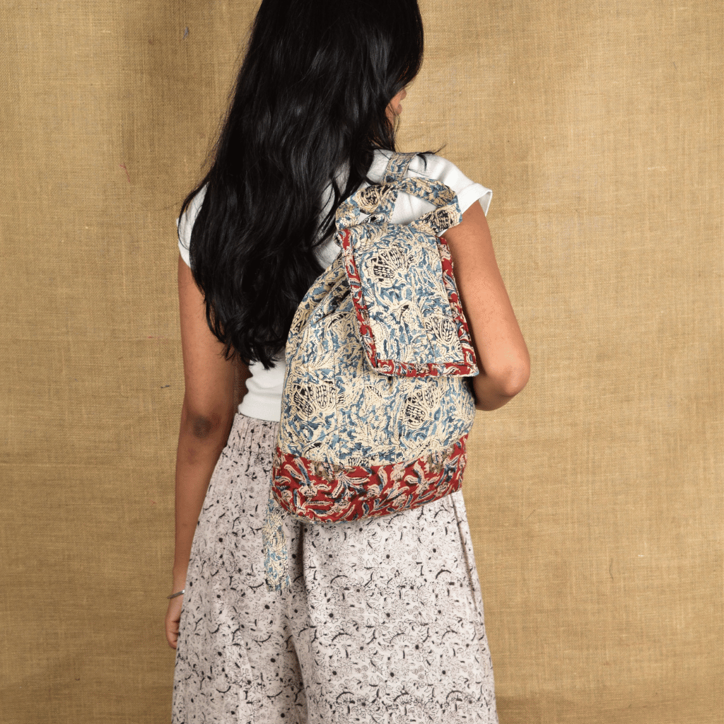 Quilted Blue Kalamkari Backpack Bag - model