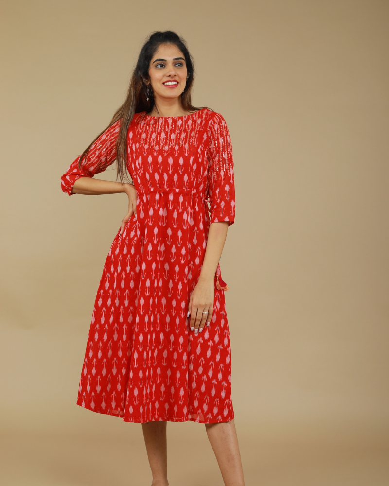 Red leaf ikat dress front view