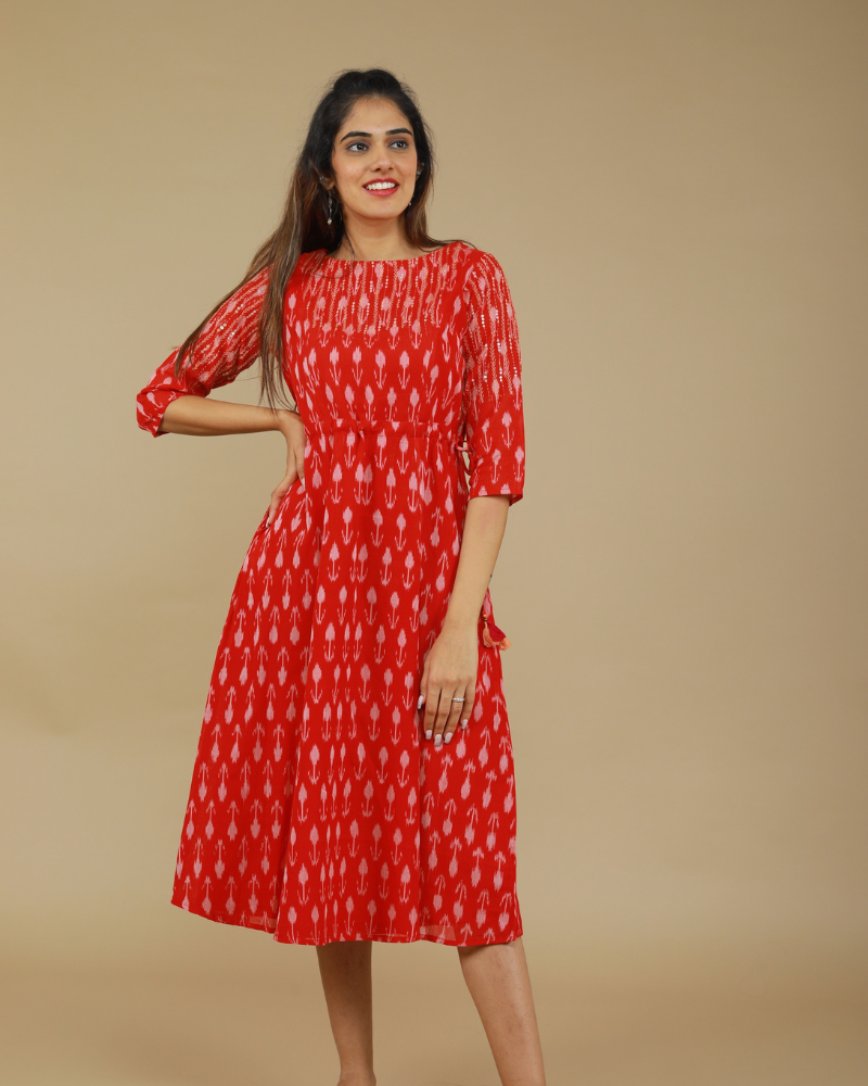 RED LEAF IKAT DRESS