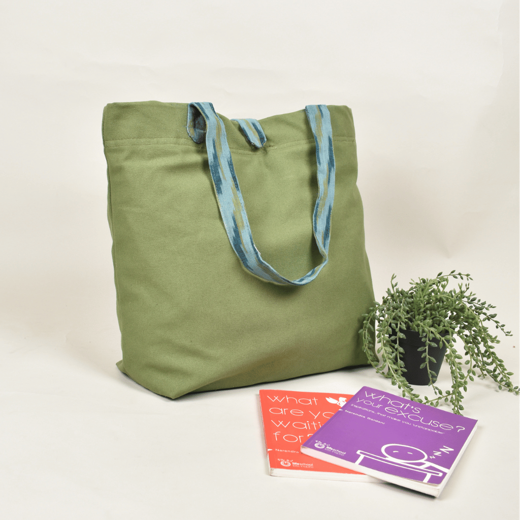 Green Canvas Bag with Green Ikat Handle - side