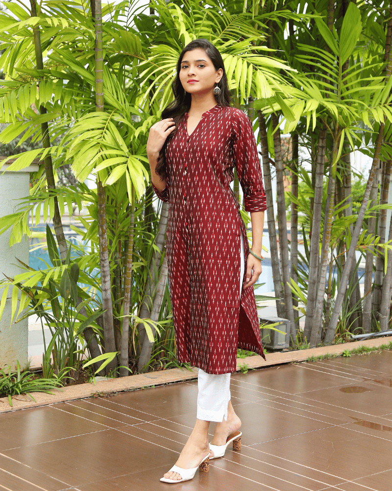 Maroon Women’s Mercerized Ikat Straight Kurta - side