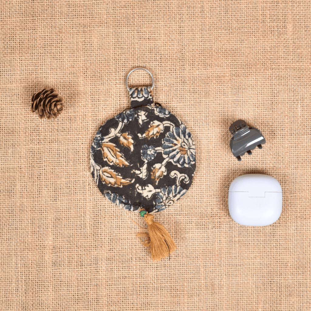 Dark Brown kalamkari Round Pouch – Lip Balm / Earbuds Holder