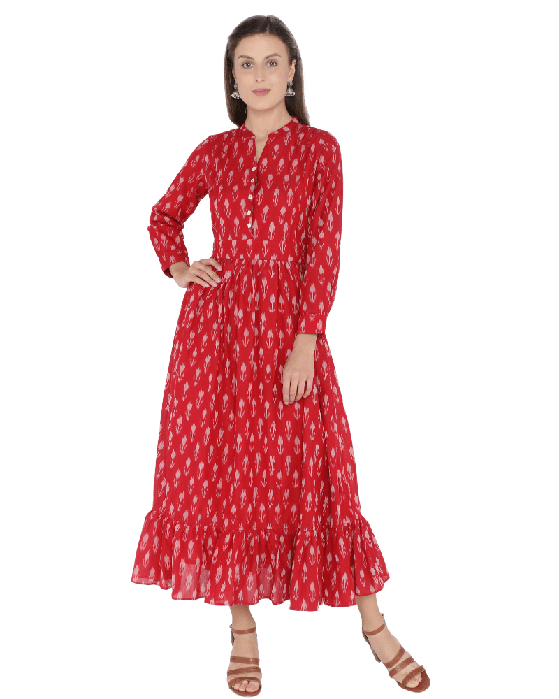 Red Ikat Printed Maxi Dress with Full Sleeves