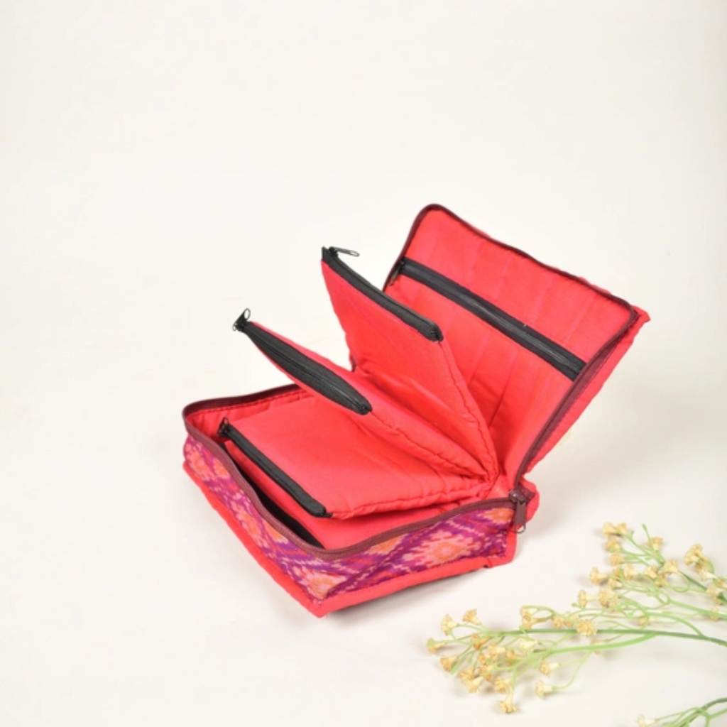 Pink ikat silk jewellery case or travel organiser