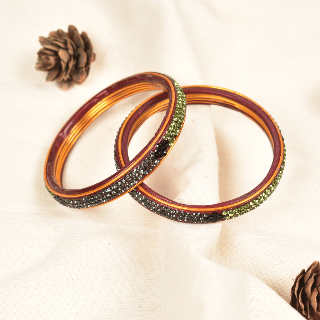 Pair of green & gold 3 line lac bangles - glittery stones
