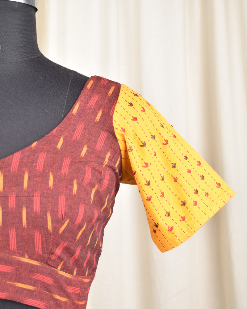 Mustard and maroon ikat embroidered blouse - sleeve