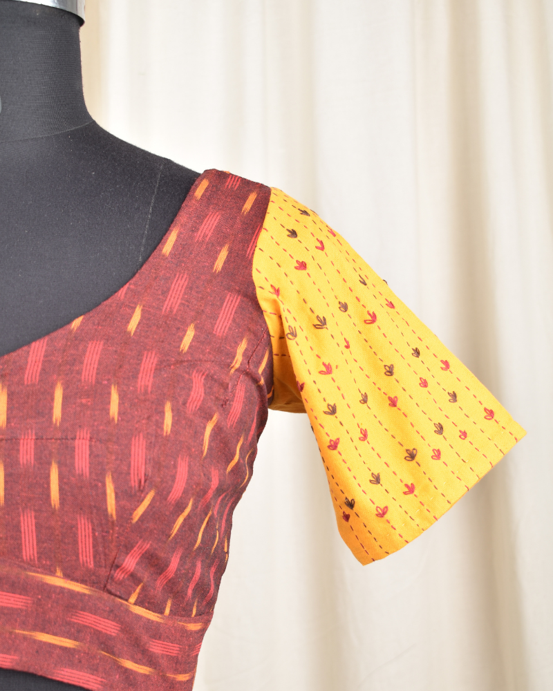 Mustard and maroon ikat embroidered blouse