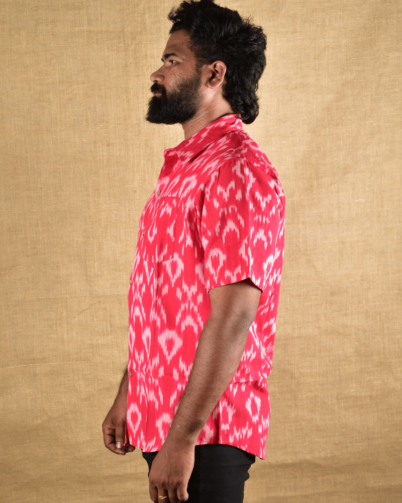 Red Casual Men's Shirt In Ikat cotton - side