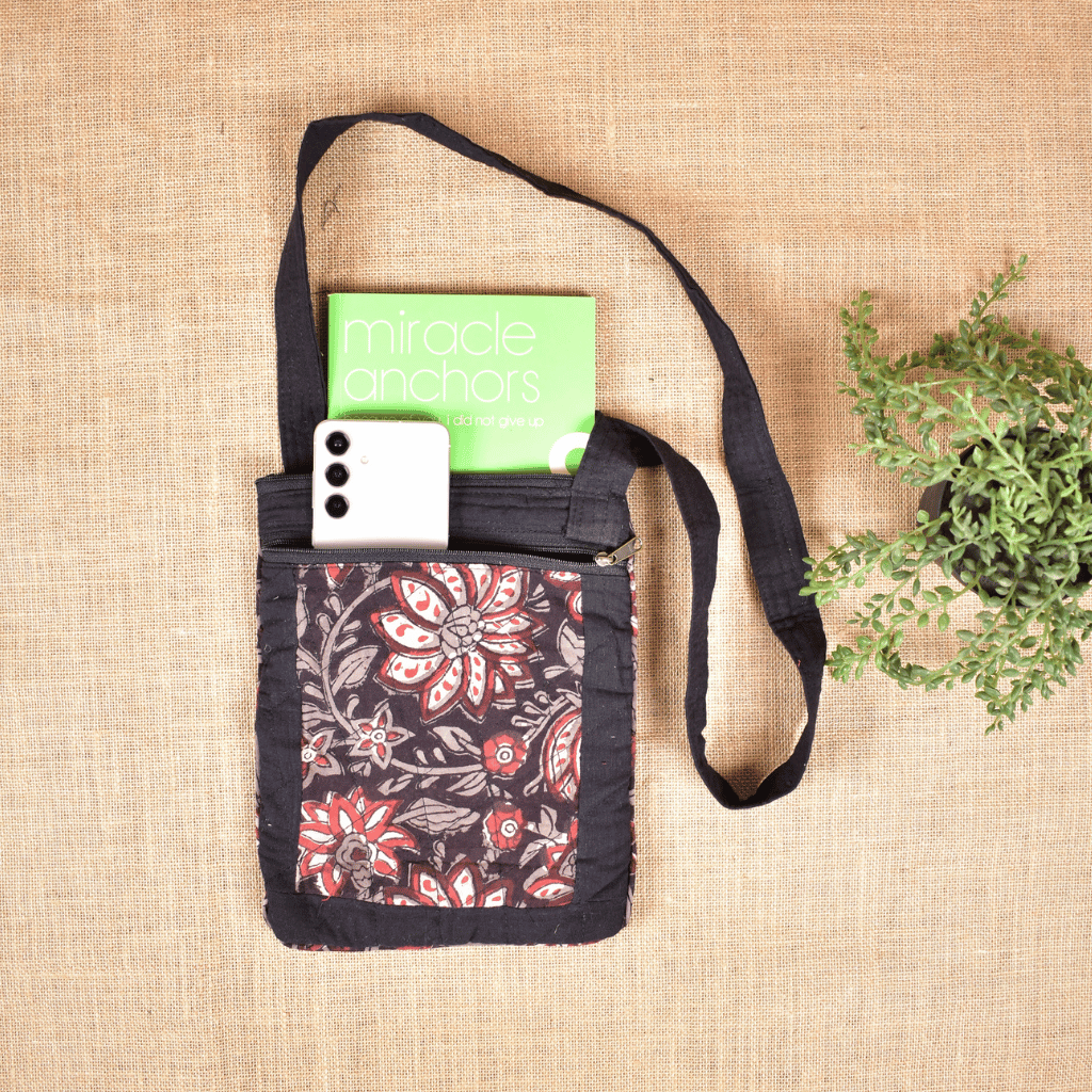 Black kalamkari cotton sling bag cum phone pouch - zip pockets