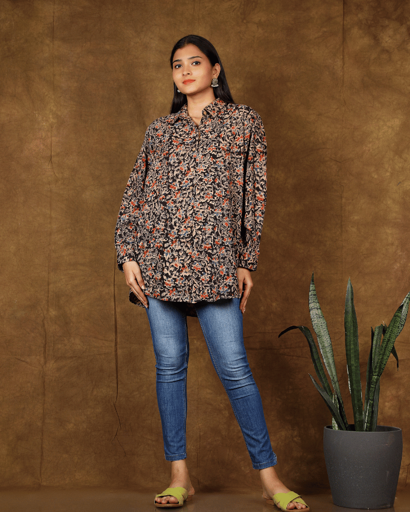 Stylish Women’s Black Kalamkari Cotton Shirt - free size