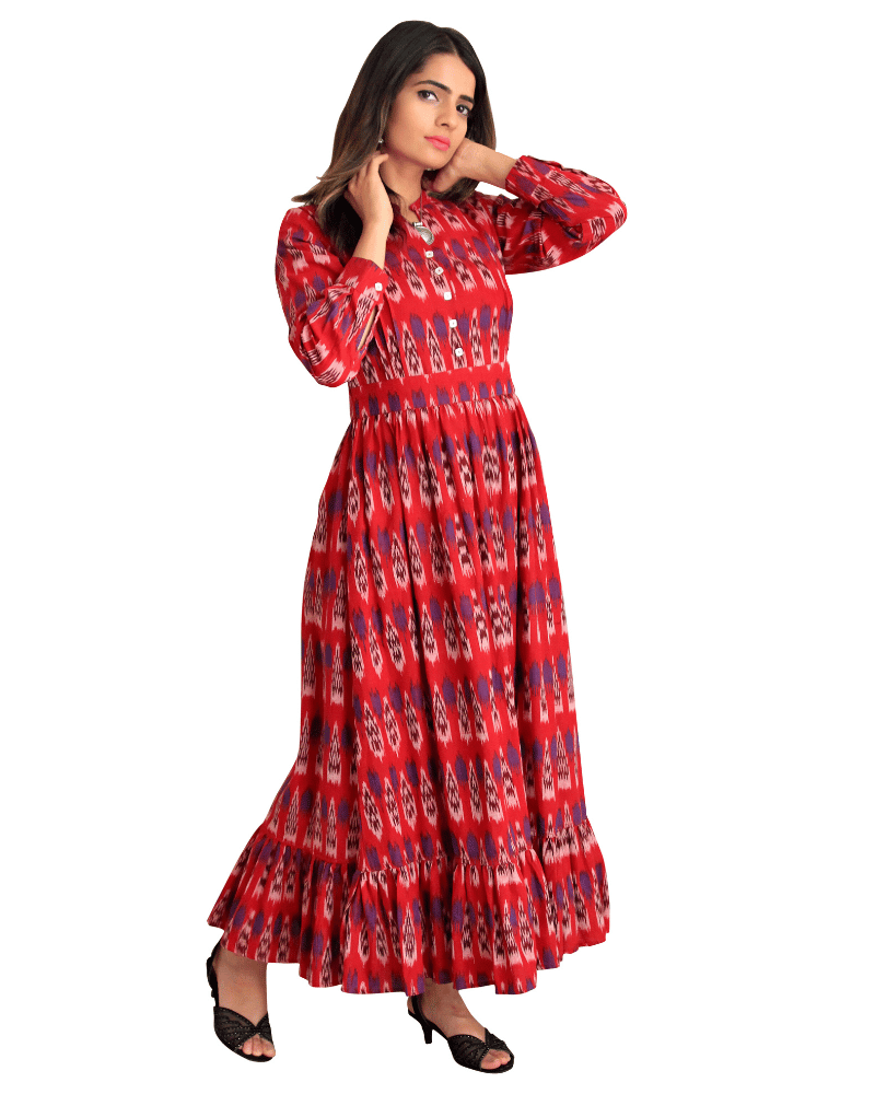 Red & Blue Ikat Printed Maxi Dress with Full Sleeves