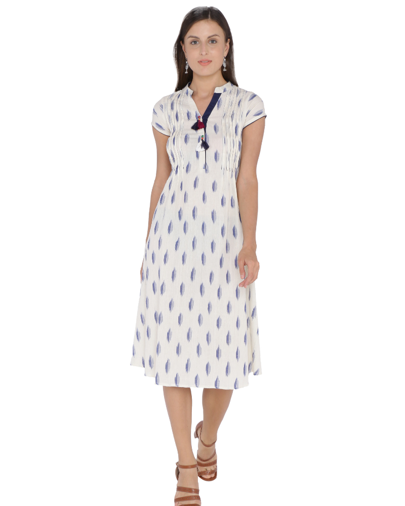 WHITE & BLUE A LINE IKAT DRESS