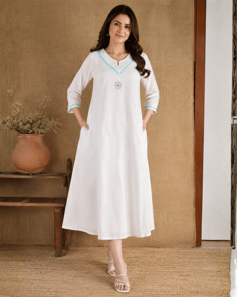 White Cotton Dress with Applique Work - pockets