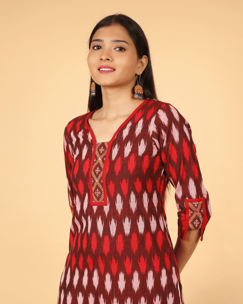 Straight Kurta in Red Ikat Cotton - neck