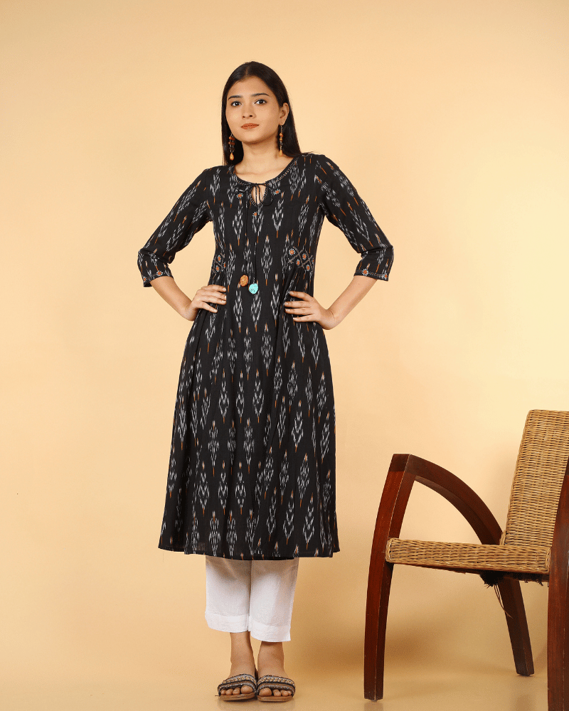A Line Kurta in Black Ikat Cotton - Embroidery waist