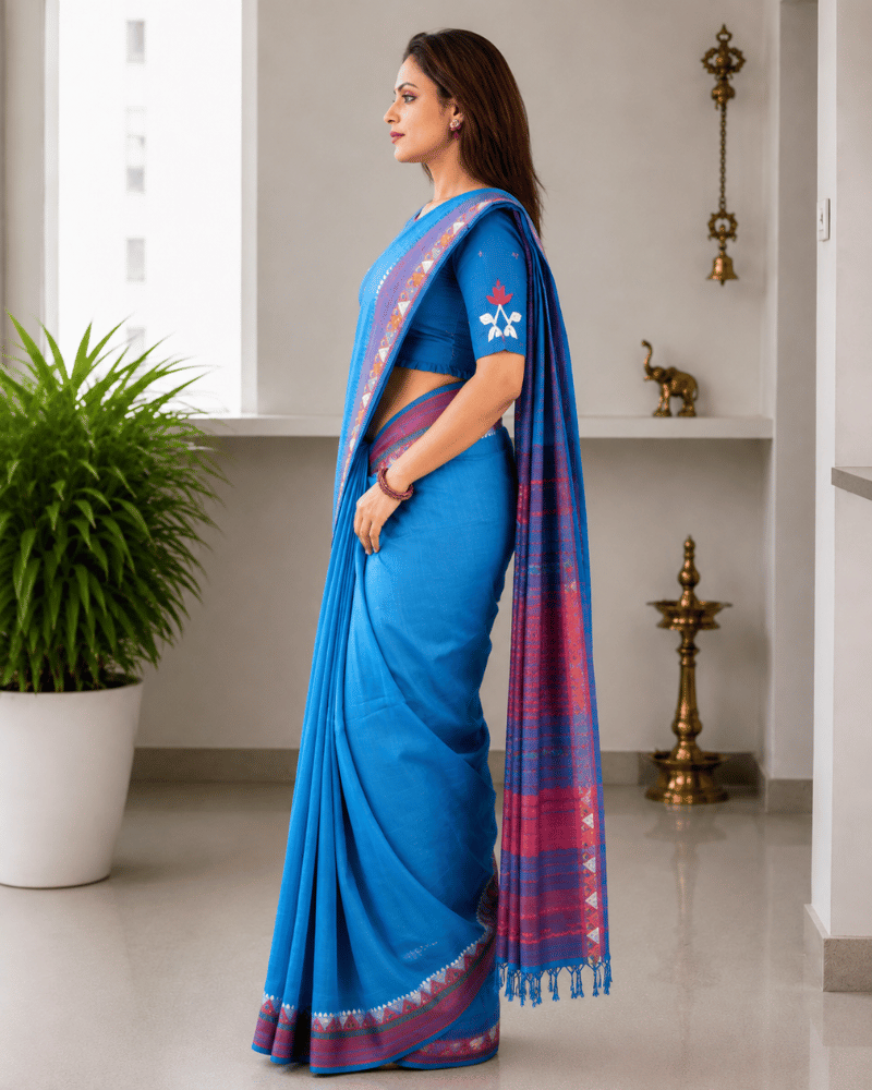 Sky Blue Cotton Saree with Hand Embroidery