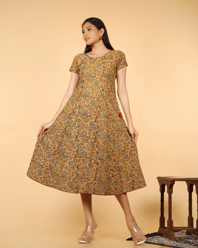 Yellow Floral kalamkari Dress with a Boat neck and Sleeve